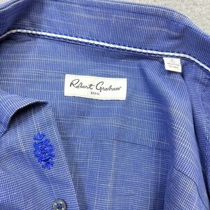 Robert Graham Dress Shirt 17.5 Blue Micro Textured Cotton Linen Flip Cuff 25"